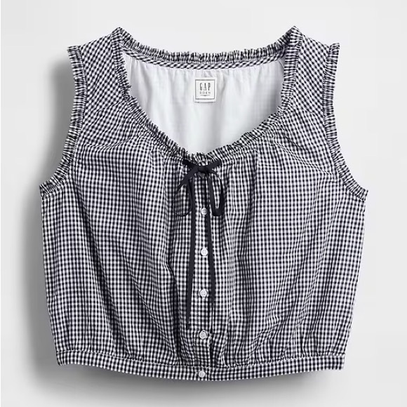 DOEN x GAP Navy blue and White Gingham Crop Blouse with Tie Front Sz Small NWT - Picture 3 of 5